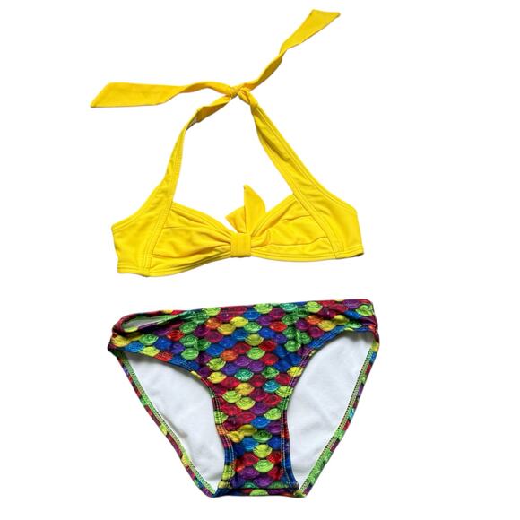 Girls S Mermaidens Yellow Halter Bow Tie Rainbow Mermaid Print Bikini Swimsuit - Picture 1 of 2